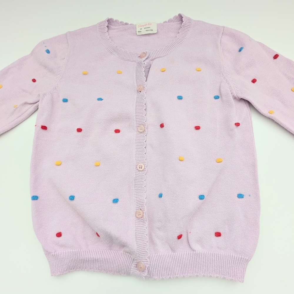 Girls Pastel Mauve Cardigan Sweater w/Colorful Raised Squares And Scalloped Hems - Picture 2 of 16